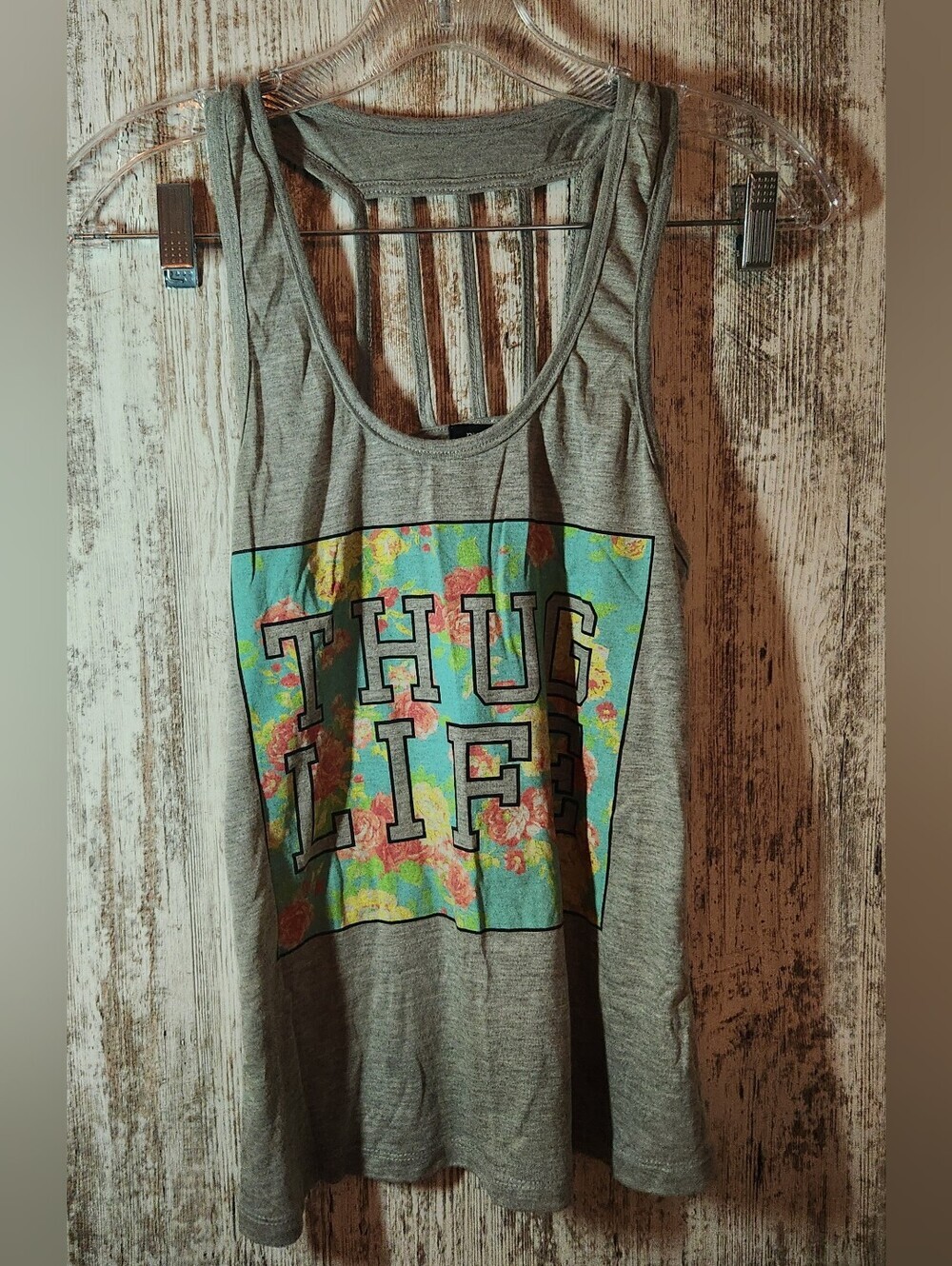 Rue21 Gray Tank with Turquoise Floral 'THUG LIFE' Graphic Size Small